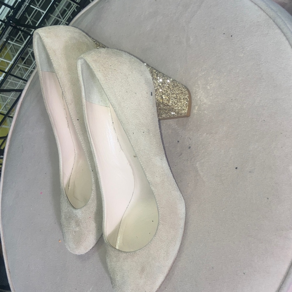 Kate spade 7 1/2 Beige Suede Glitter Block Heel Pumps - Picture 5 of 6